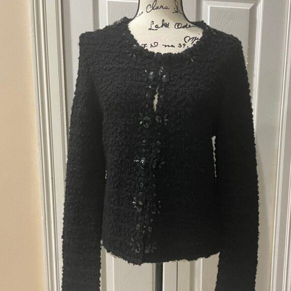 CHICOS TWEED SWEATER BLACK JEWELED Sz M FRINGED EMBELLISHMENT SOPHISTICATED - Picture 7 of 16
